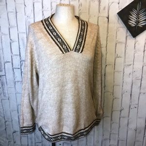 Tan Brown Aztec print 100% Alpaca v-neck sweater